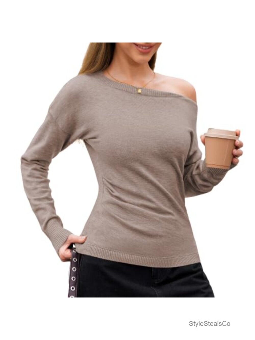 Womens Off The Shoulder Knit Sweater Ruched Side Slim Fit Pullover